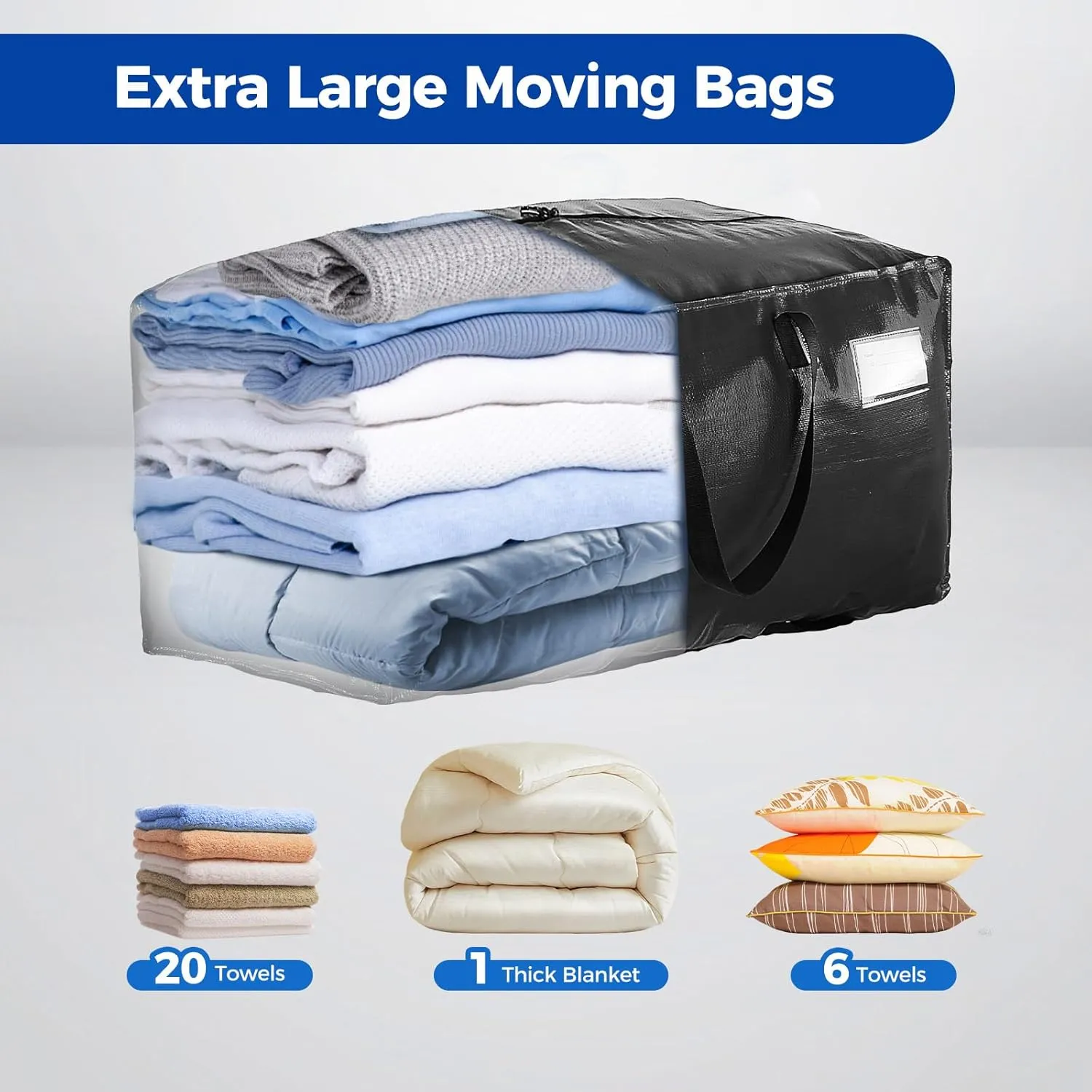 Moving Bags Heavy Duty Extra Large, Black Moving Bags With Durable Zipper & Strong Handles, Packing Bags for College, Storage Bags for Clothes, Alternative For Moving Boxes (Black, 8 Pack)