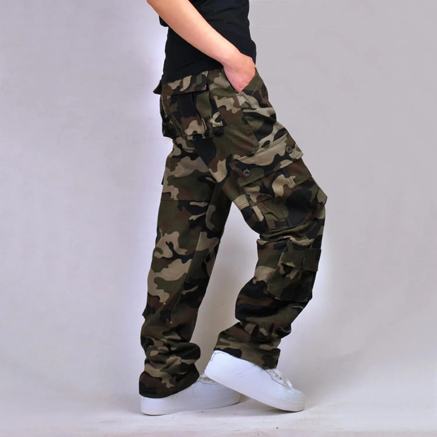 Muscularfit Baggy Cargo Pants for Men 2023 Casual Loose Multi Pockets Camouflage Trouser Lounge Buckle Zipper Camo Sweatpants