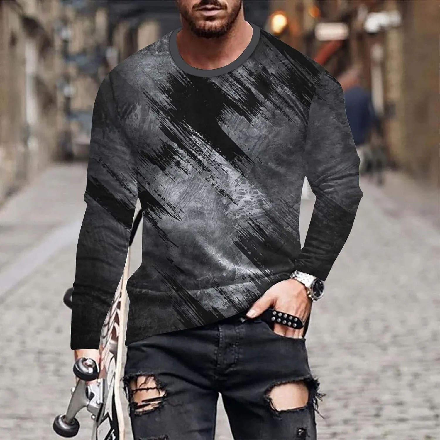 Muscularfit Crewneck Sweatshirt for Men 2024 Fashion Long Sleeve Contrast Color Pullover Blouse Casual Stylish Athletic Shirt