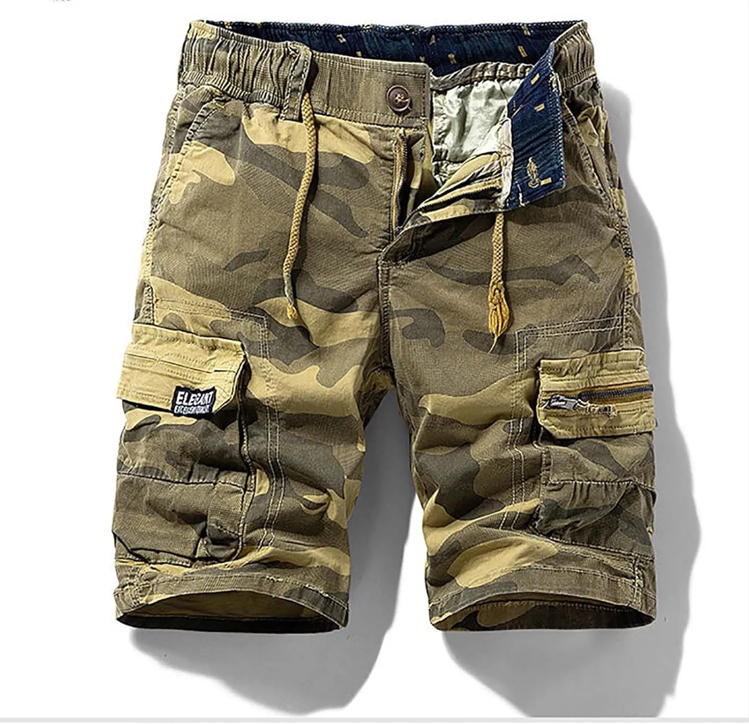 Muscularfit Men Shorts Casual Drawstring Elastic Waist Camouflage Cargo Shorts Cotton Multi Pockets Solid Camo Tooling Shorts