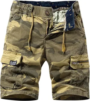 Muscularfit Men Shorts Casual Drawstring Elastic Waist Camouflage Cargo Shorts Cotton Multi Pockets Solid Camo Tooling Shorts