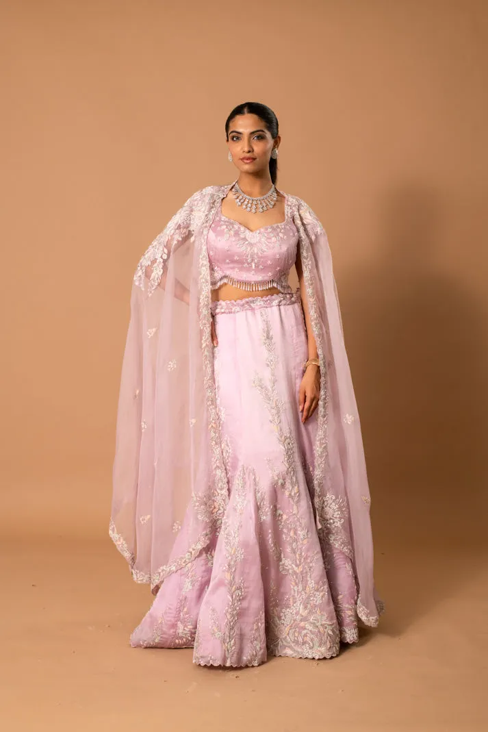 Muted Silver Embroidered Lilac Lehenga
