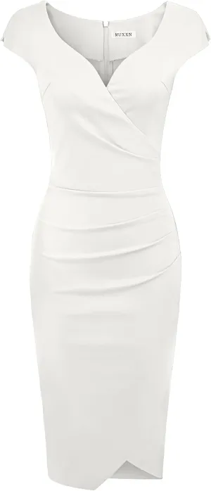 MUXXN Women's Short Sleeve Wrap V Neck Midi Bodycon Vintage Formal Work Dress