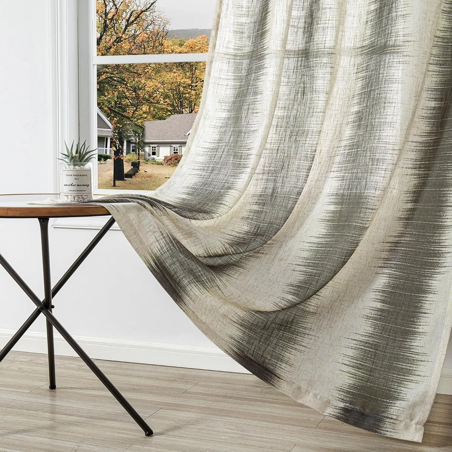 MYSKY HOME Curtains for Bedroom Windows 84 Inch, Farmhouse Drapes Lines Printed Linen Sheer Curtains Light Filtering Privacy Protect Modern Style Room Divider Curtains, 50"x84", Khaki, 2 PCs