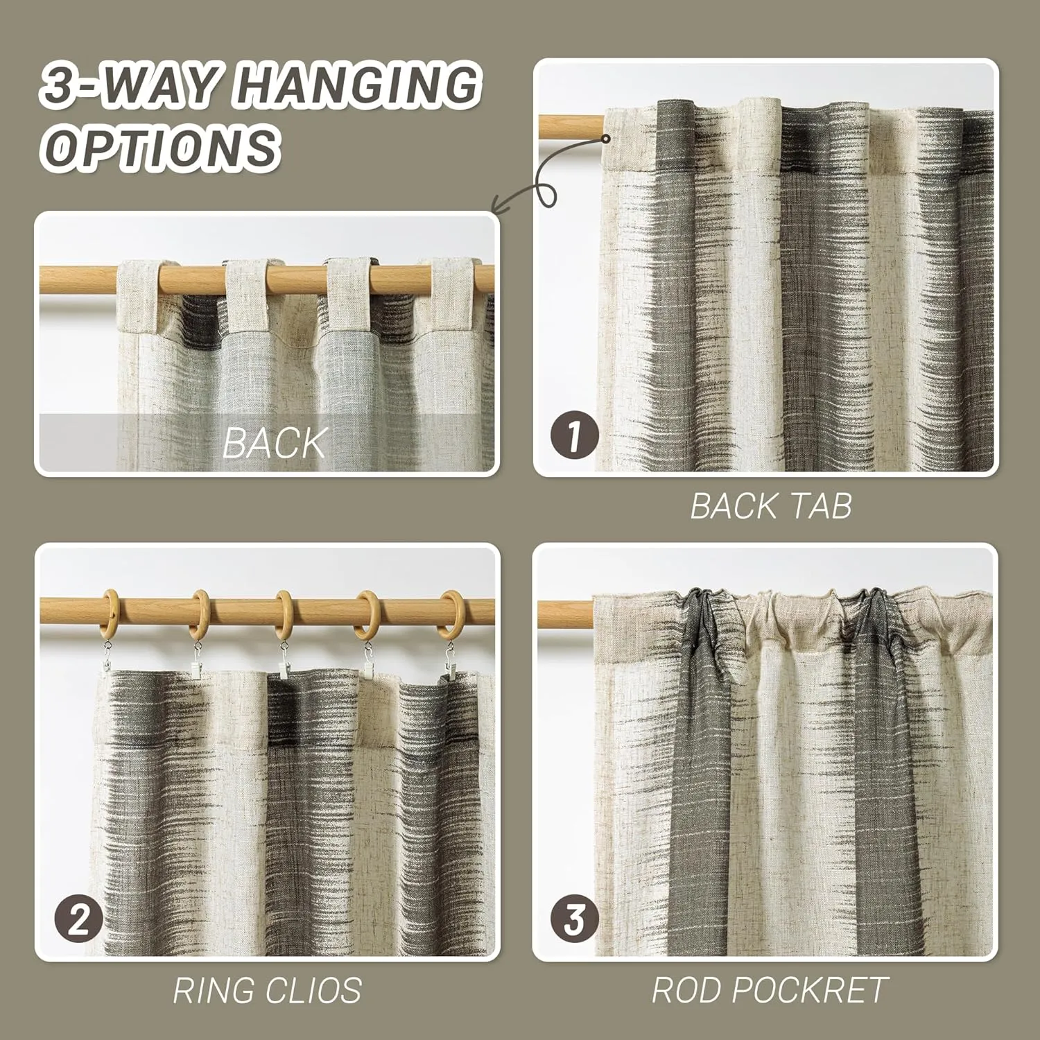 MYSKY HOME Curtains for Bedroom Windows 84 Inch, Farmhouse Drapes Lines Printed Linen Sheer Curtains Light Filtering Privacy Protect Modern Style Room Divider Curtains, 50"x84", Khaki, 2 PCs