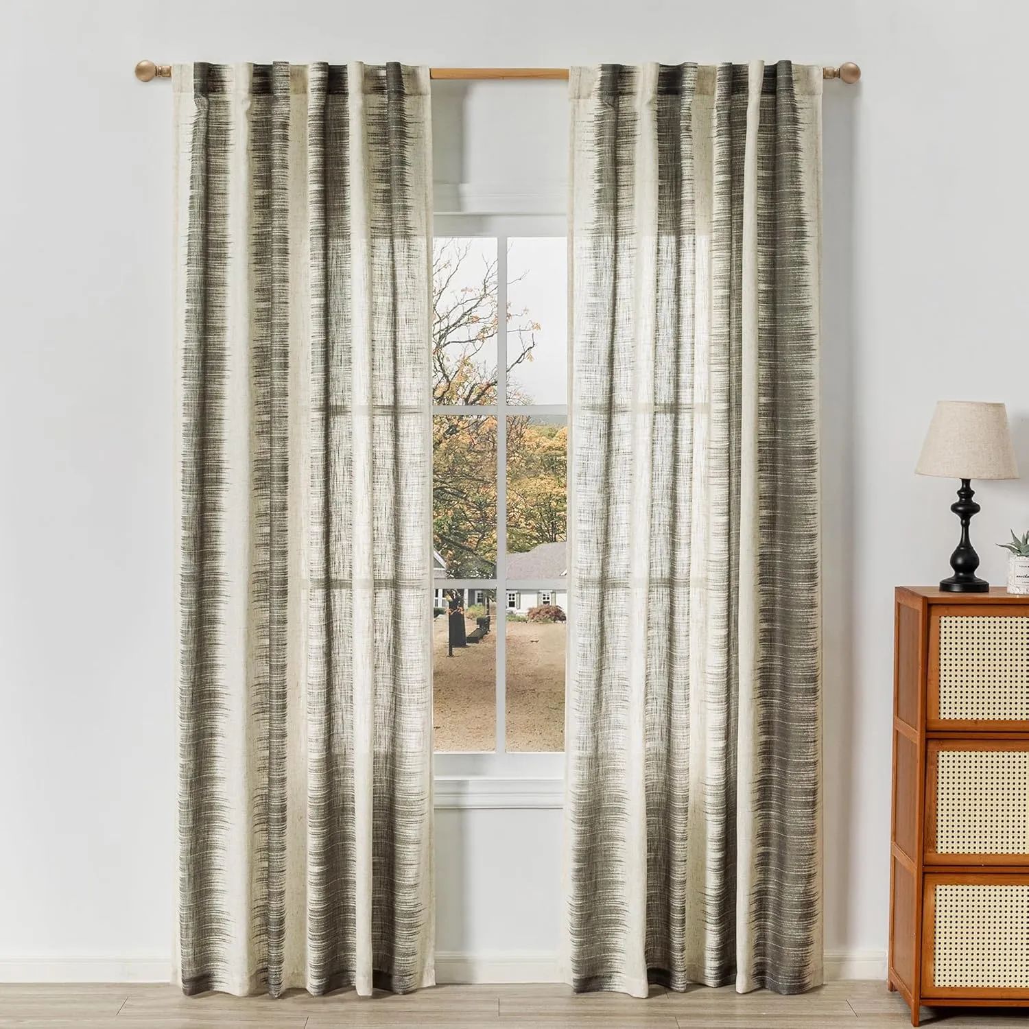 MYSKY HOME Curtains for Bedroom Windows 84 Inch, Farmhouse Drapes Lines Printed Linen Sheer Curtains Light Filtering Privacy Protect Modern Style Room Divider Curtains, 50"x84", Khaki, 2 PCs