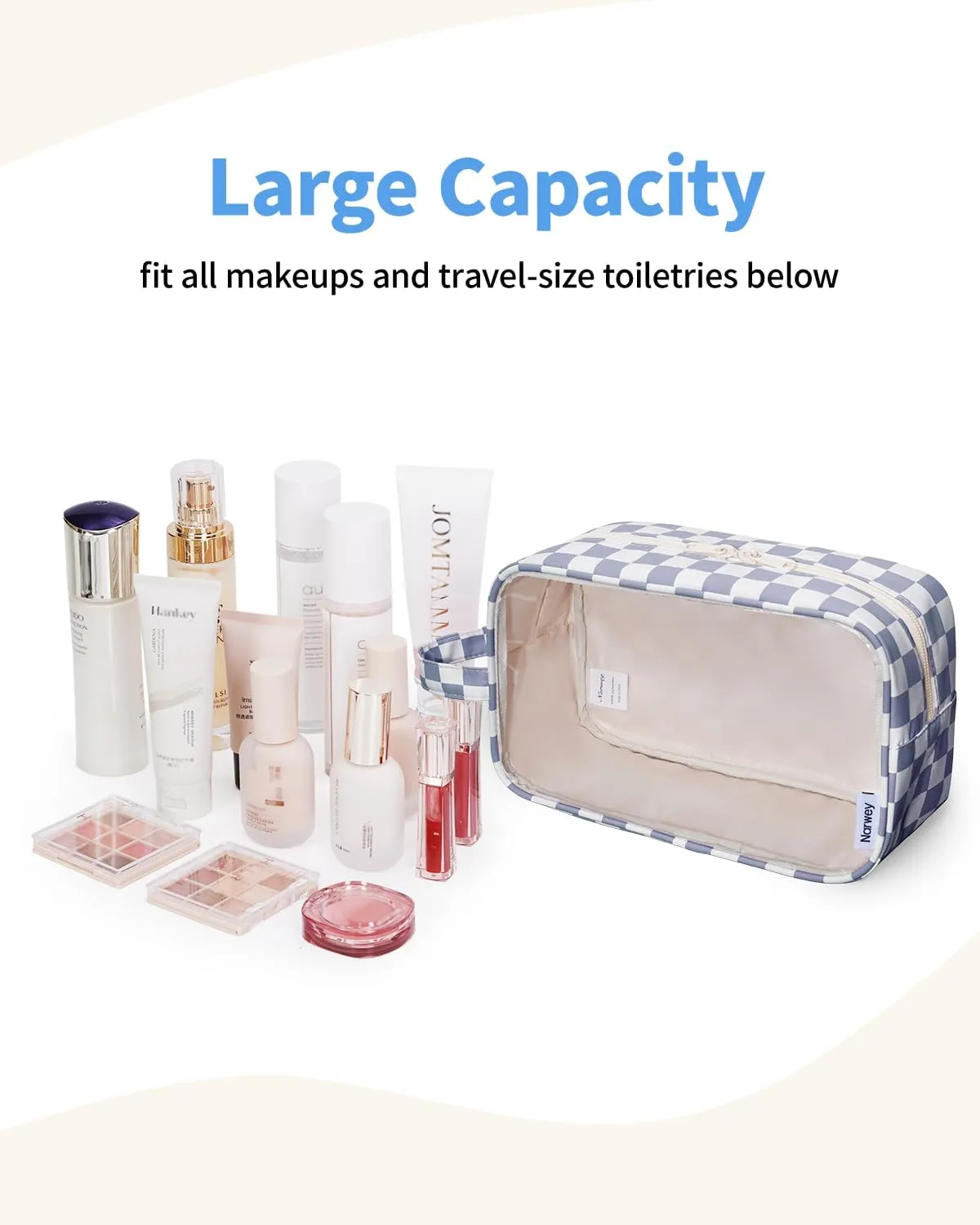 Narwey Checkered Clear Makeup Bag Cosmetic Bag with Zipper for Travel, Clear Toiletry Bags for Traveling Toiletries Wome Men, Make Up Pouch with Handle, Skincare Bag (Grayish Blue Checkerboard)