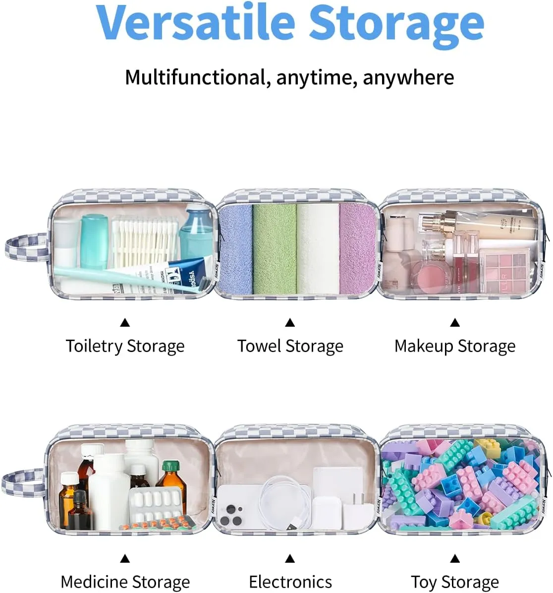 Narwey Checkered Clear Makeup Bag Cosmetic Bag with Zipper for Travel, Clear Toiletry Bags for Traveling Toiletries Wome Men, Make Up Pouch with Handle, Skincare Bag (Grayish Blue Checkerboard)