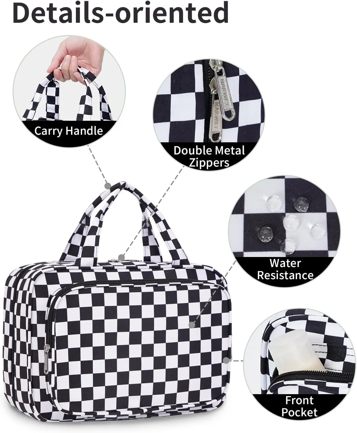 Narwey Travel Toiletry Bag for Women Large Hanging Makeup Bag Organizer Toiletries Bag for Full Size Essentials Accessories Cosmetics (Black Checkerboard (Large))
