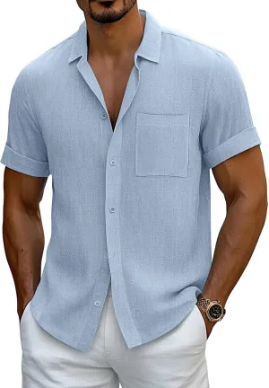 Neer Men's Big and Tall Cotton Linen Shirts M-7XL Short Sleeve Casual Button Down Blouses with Pocket Summer Beach Tops