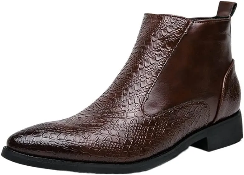 New Ankle Boots For Men Round Toe Faux Crocodile Embossed PU Leather Anti-slip Slip On Waterproof Non Slip Work