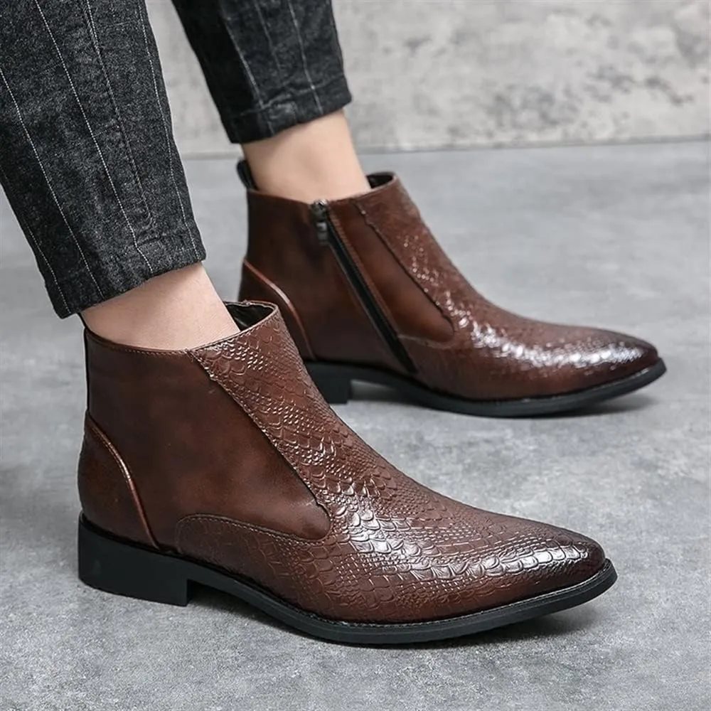 New Ankle Boots For Men Round Toe Faux Crocodile Embossed PU Leather Anti-slip Slip On Waterproof Non Slip Work
