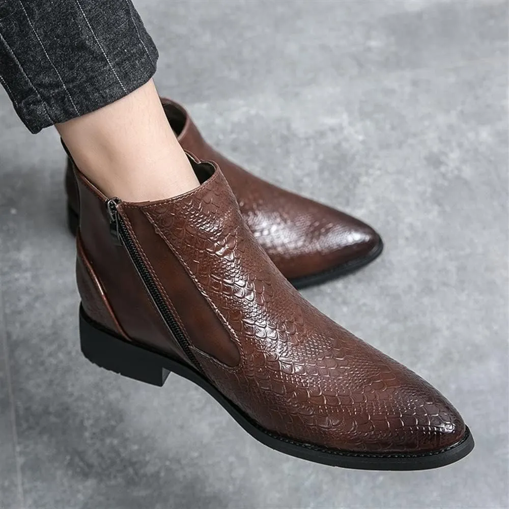 New Ankle Boots For Men Round Toe Faux Crocodile Embossed PU Leather Anti-slip Slip On Waterproof Non Slip Work