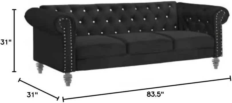 New Classic Furniture Glam Emma Velvet Three Seater Chesterfield Style Sofa for Small Spaces with Crystal Button Tufts, Black