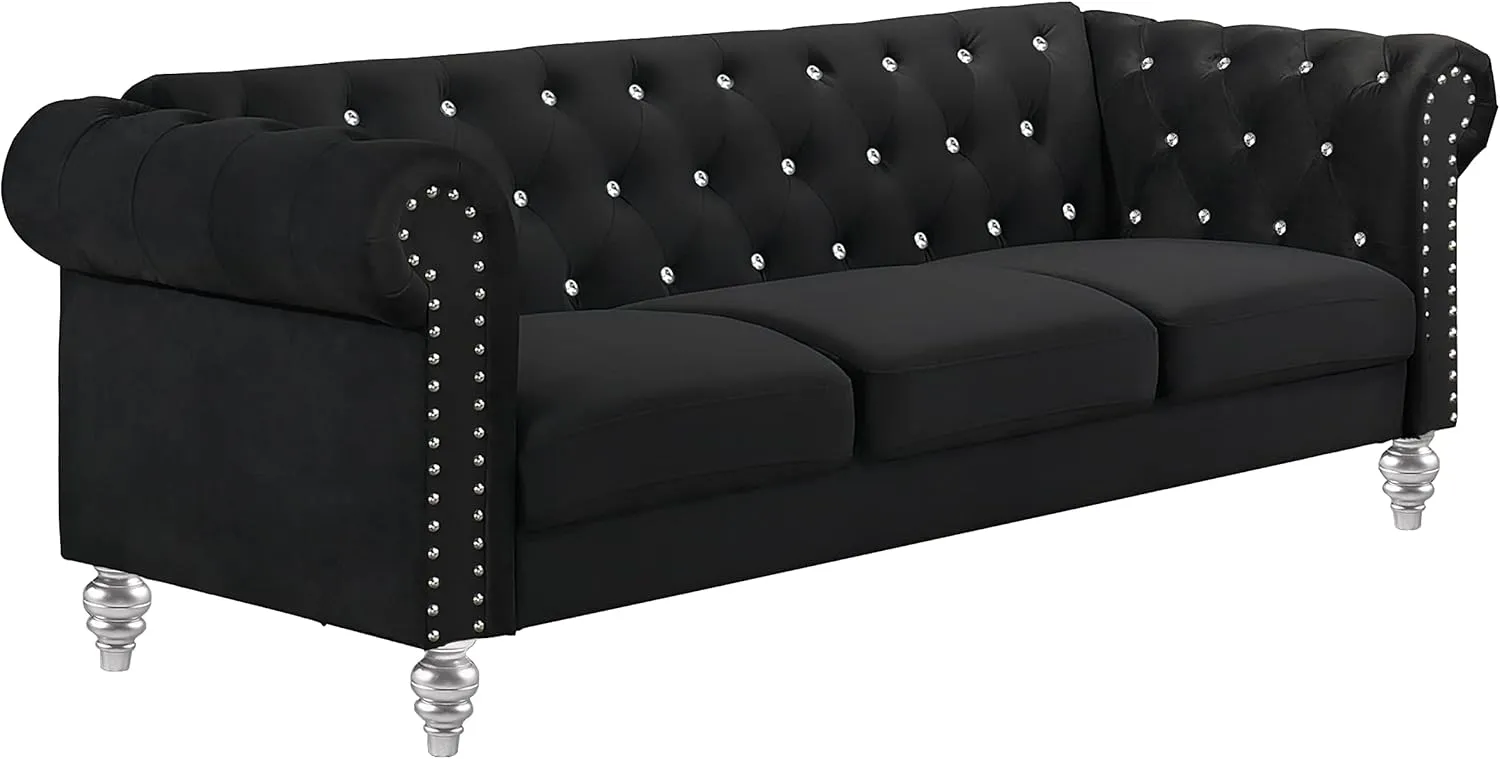New Classic Furniture Glam Emma Velvet Three Seater Chesterfield Style Sofa for Small Spaces with Crystal Button Tufts, Black
