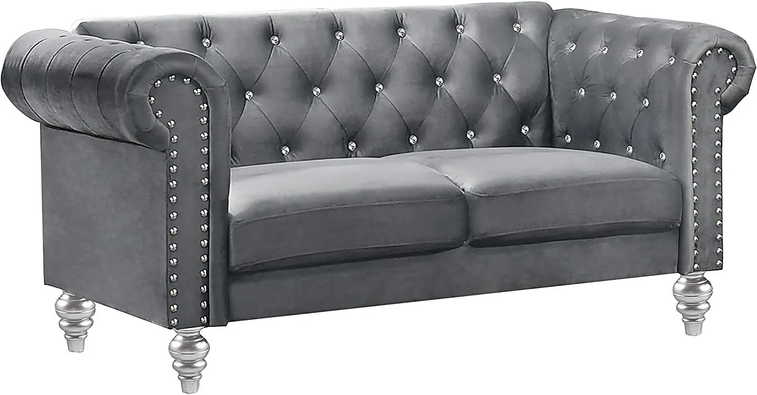 New Classic Furniture Glam Emma Velvet Two Seater Chesterfield Style Loveseat for Small Spaces with Crystal Button Tufts, Gray