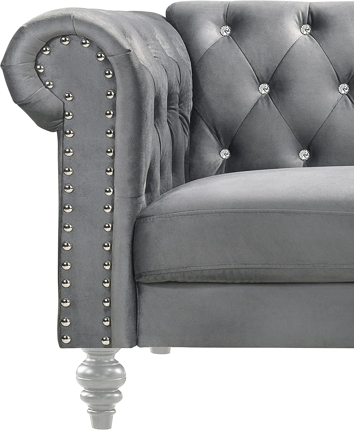 New Classic Furniture Glam Emma Velvet Two Seater Chesterfield Style Loveseat for Small Spaces with Crystal Button Tufts, Gray
