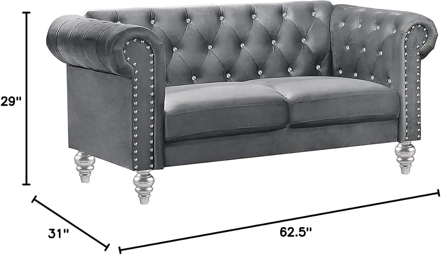 New Classic Furniture Glam Emma Velvet Two Seater Chesterfield Style Loveseat for Small Spaces with Crystal Button Tufts, Gray