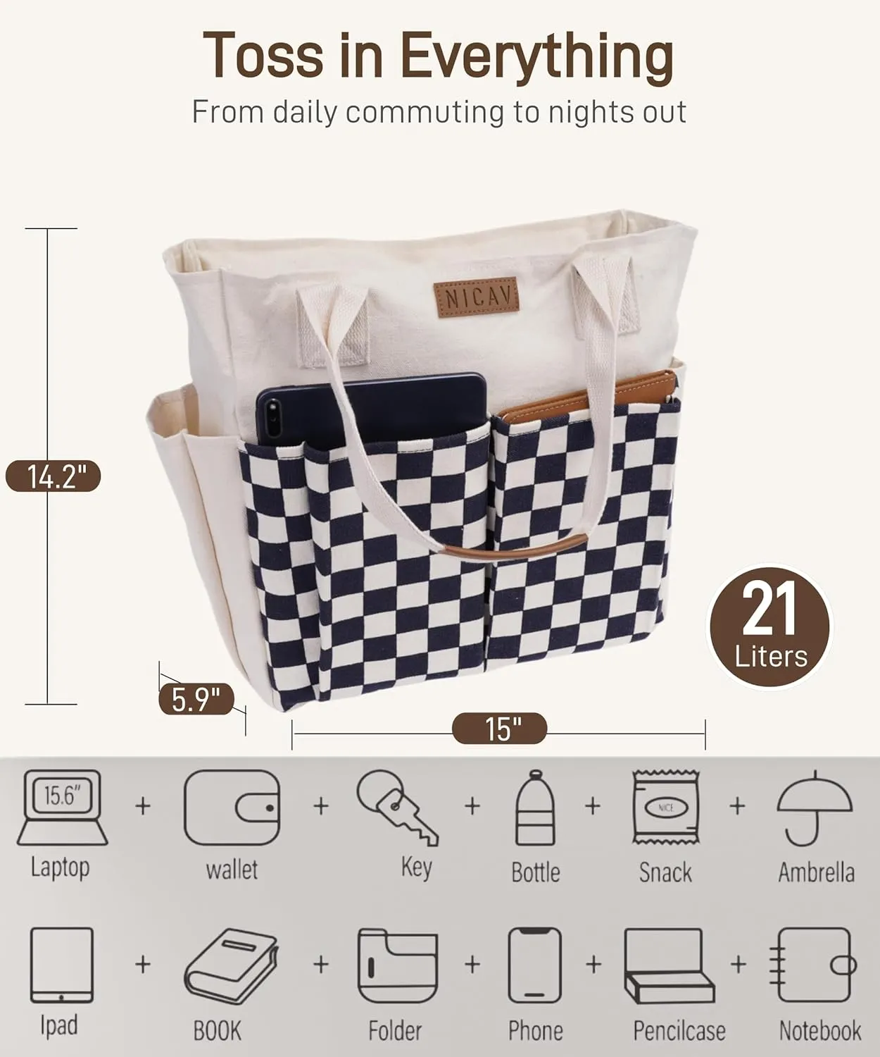 Nicav Canvas Tote Bags for Women, Large Utility Tote Bags with Pockets Zip Top for Teacher Nurse Work
