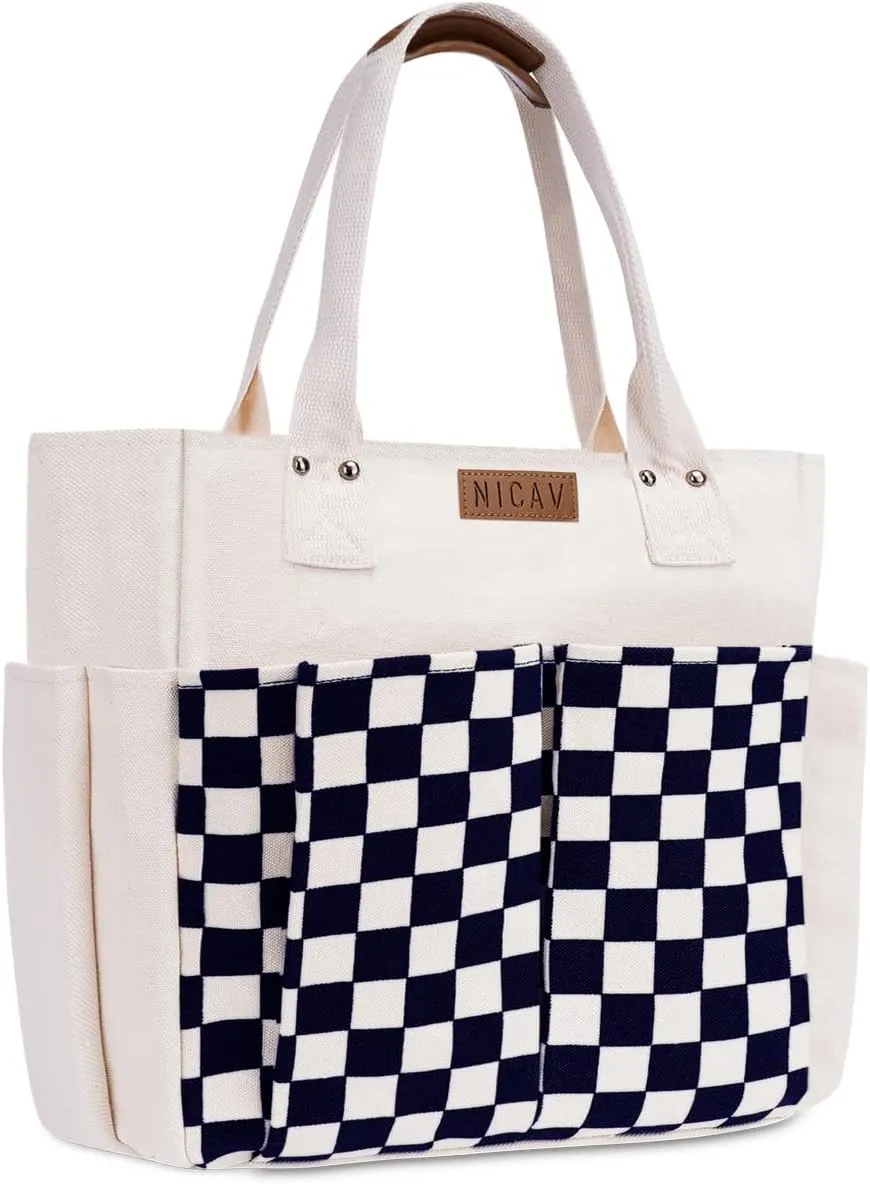 Nicav Canvas Tote Bags for Women, Large Utility Tote Bags with Pockets Zip Top for Teacher Nurse Work