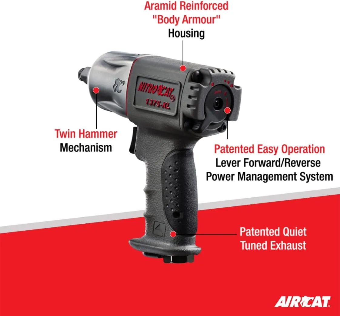 NitroCat - 1375XL 1375-XL 1/2-Inch Mini Composite Air Impact Wrench with Twin Clutch Mechanism, multi, one size