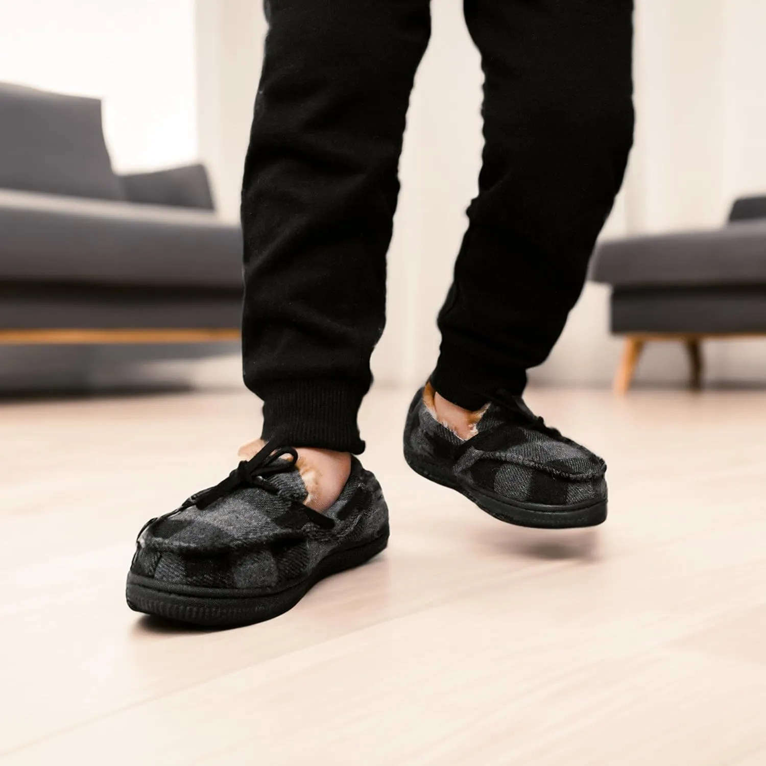 NORTY Size Fleece Buffalo Plaid Slippers for Kids- Slip-On Toddler House Shoes for Boys and Girls - Suede Sole - Runs True to Size