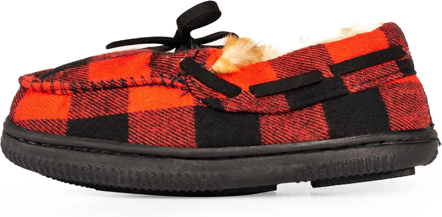 NORTY Size Fleece Buffalo Plaid Slippers for Kids- Slip-On Toddler House Shoes for Boys and Girls - Suede Sole - Runs True to Size
