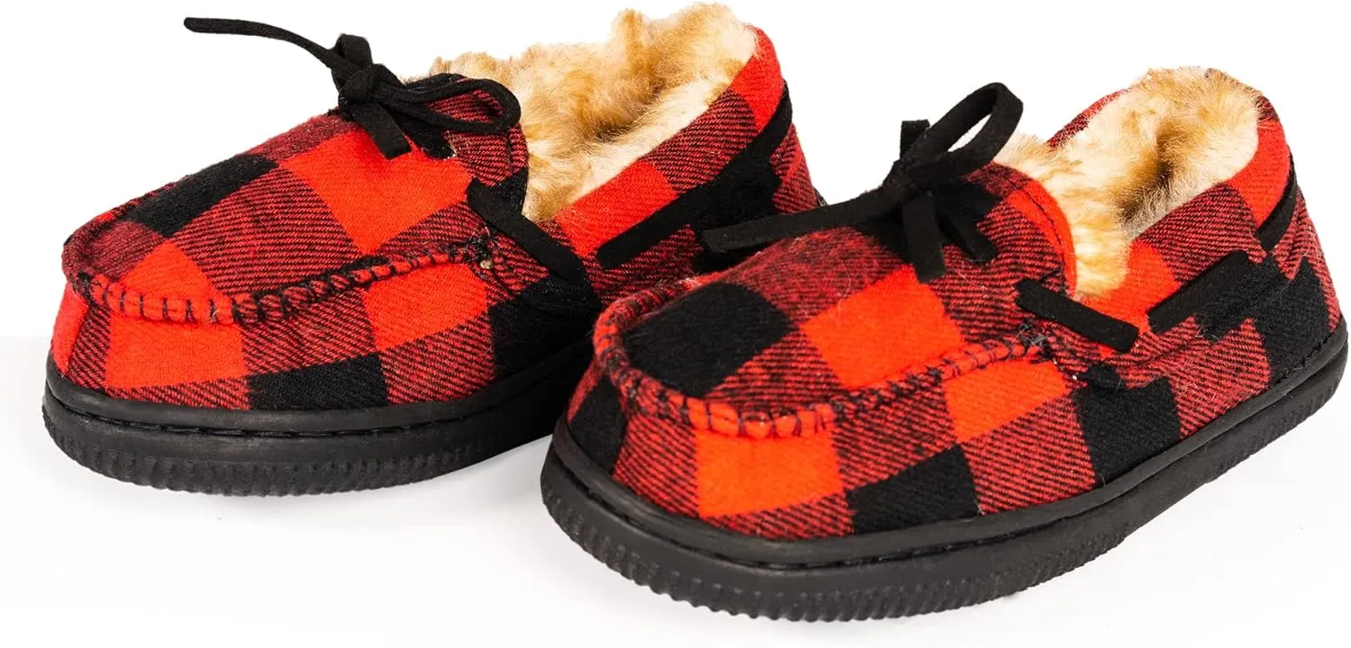 NORTY Size Fleece Buffalo Plaid Slippers for Kids- Slip-On Toddler House Shoes for Boys and Girls - Suede Sole - Runs True to Size