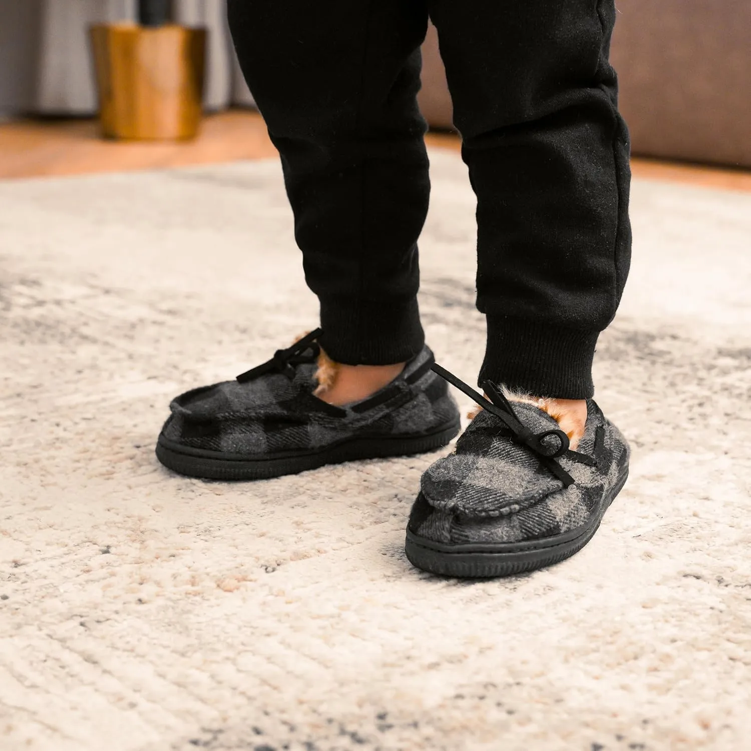 NORTY Size Fleece Buffalo Plaid Slippers for Kids- Slip-On Toddler House Shoes for Boys and Girls - Suede Sole - Runs True to Size