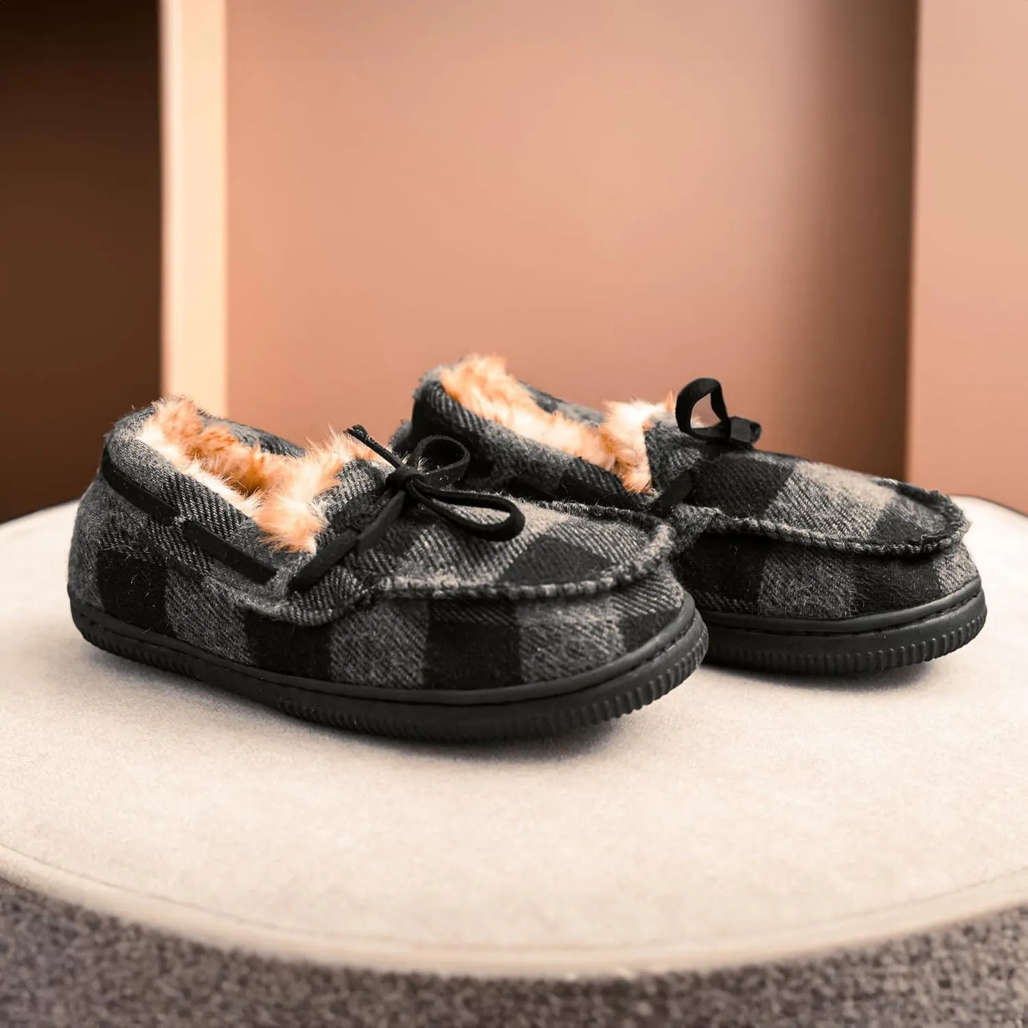 NORTY Size Fleece Buffalo Plaid Slippers for Kids- Slip-On Toddler House Shoes for Boys and Girls - Suede Sole - Runs True to Size