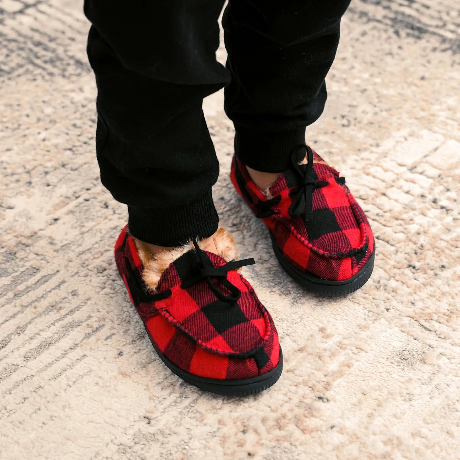 NORTY Size Fleece Buffalo Plaid Slippers for Kids- Slip-On Toddler House Shoes for Boys and Girls - Suede Sole - Runs True to Size