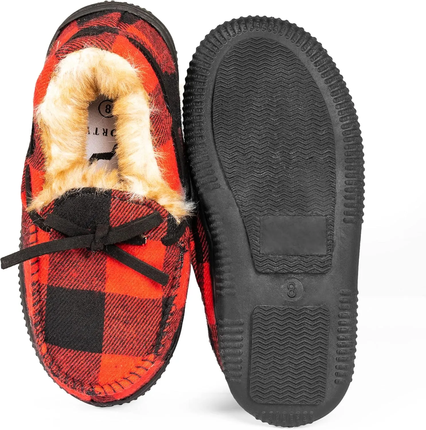 NORTY Size Fleece Buffalo Plaid Slippers for Kids- Slip-On Toddler House Shoes for Boys and Girls - Suede Sole - Runs True to Size