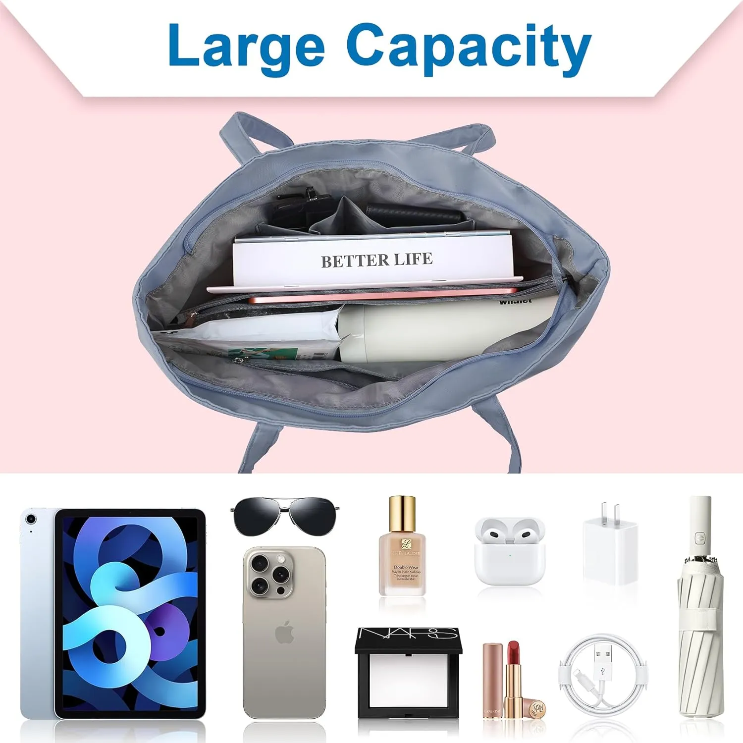 Nylon Tote Bag for Women Multi-pocket Large Shoulder Bag Casual Handbag with Zipper for Wrok Travel College