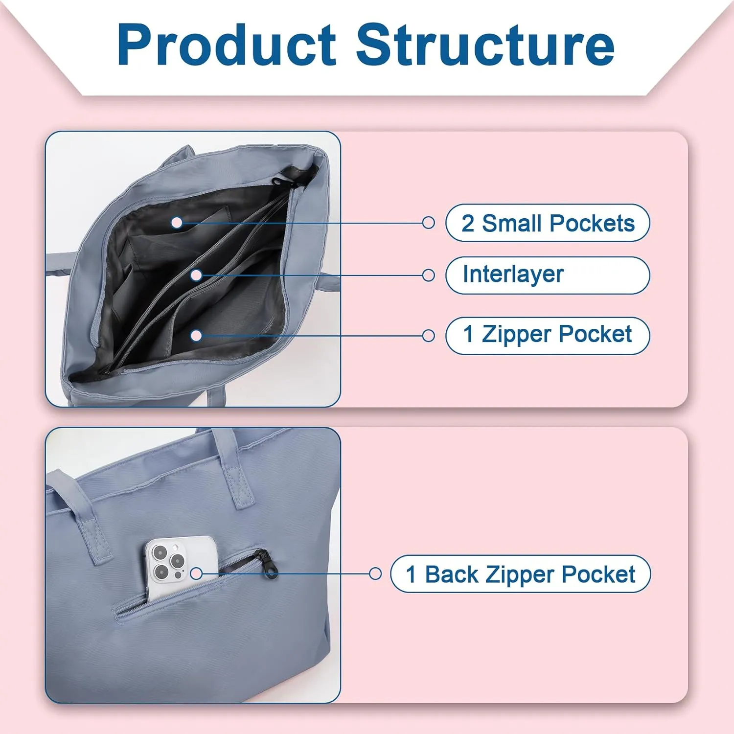 Nylon Tote Bag for Women Multi-pocket Large Shoulder Bag Casual Handbag with Zipper for Wrok Travel College