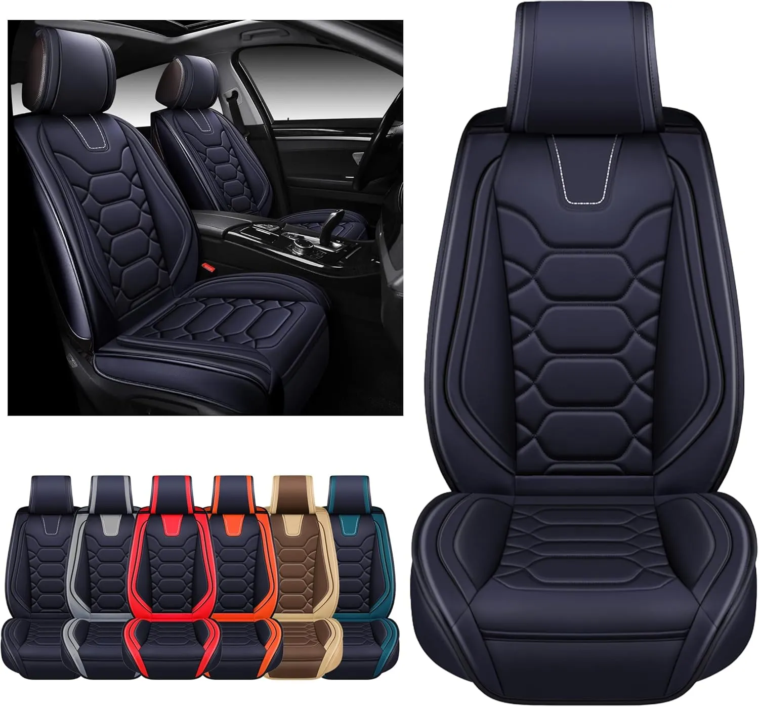 OASIS AUTO Car Seat Covers Premium Waterproof Faux Leather Cushion Universal Accessories Fit SUV Truck Sedan Automotive Vehicle Auto Interior Protector Front Pair (OS-004 Black)