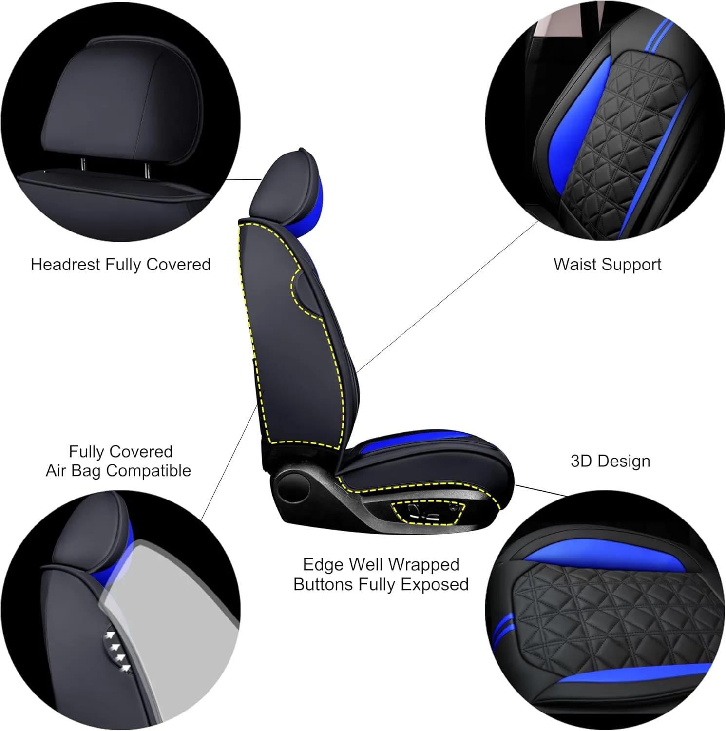 OASIS AUTO Car Seat Covers Premium Waterproof Faux Leather Cushion Universal Accessories Fit SUV Truck Sedan Automotive Vehicle Auto Interior Protector Full Set (Black&Blue)