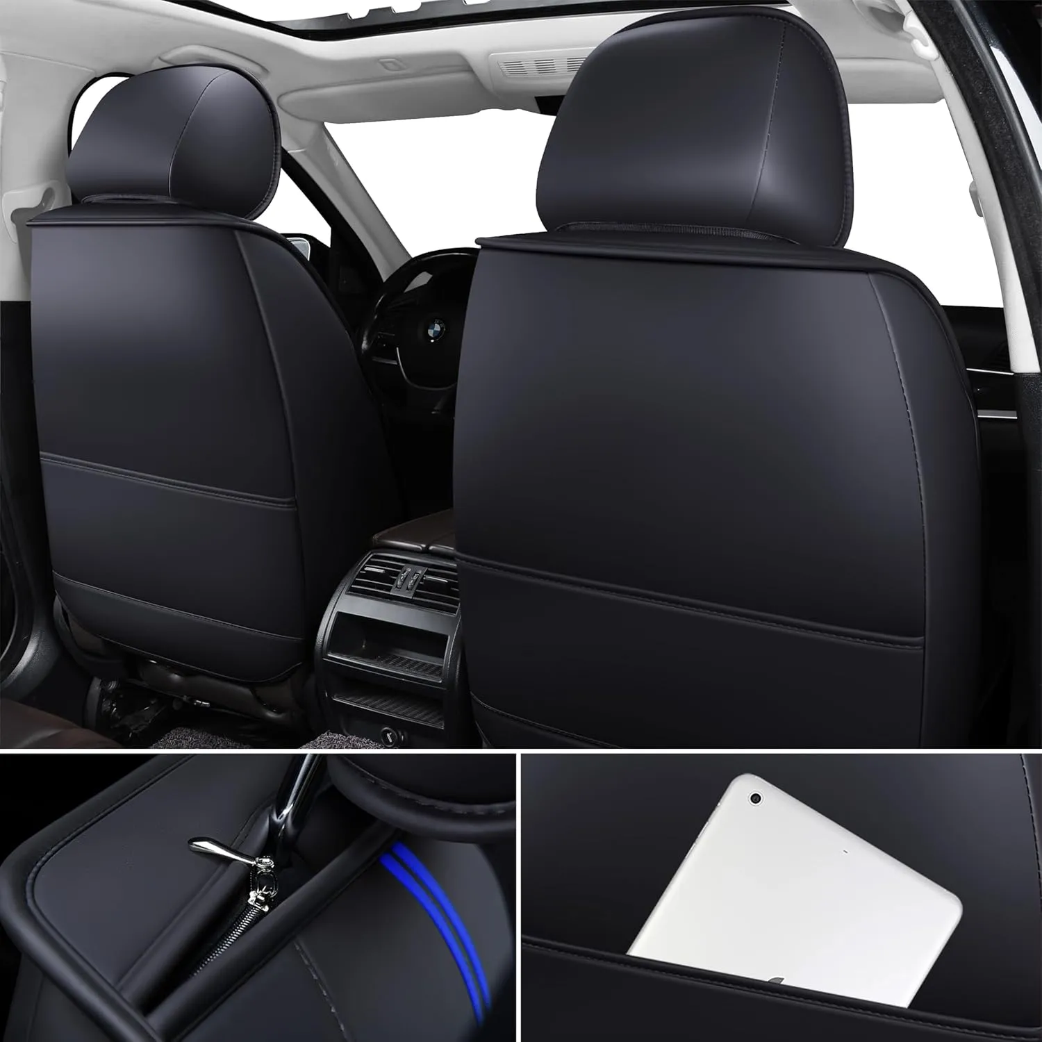OASIS AUTO Car Seat Covers Premium Waterproof Faux Leather Cushion Universal Accessories Fit SUV Truck Sedan Automotive Vehicle Auto Interior Protector Full Set (Black&Blue)
