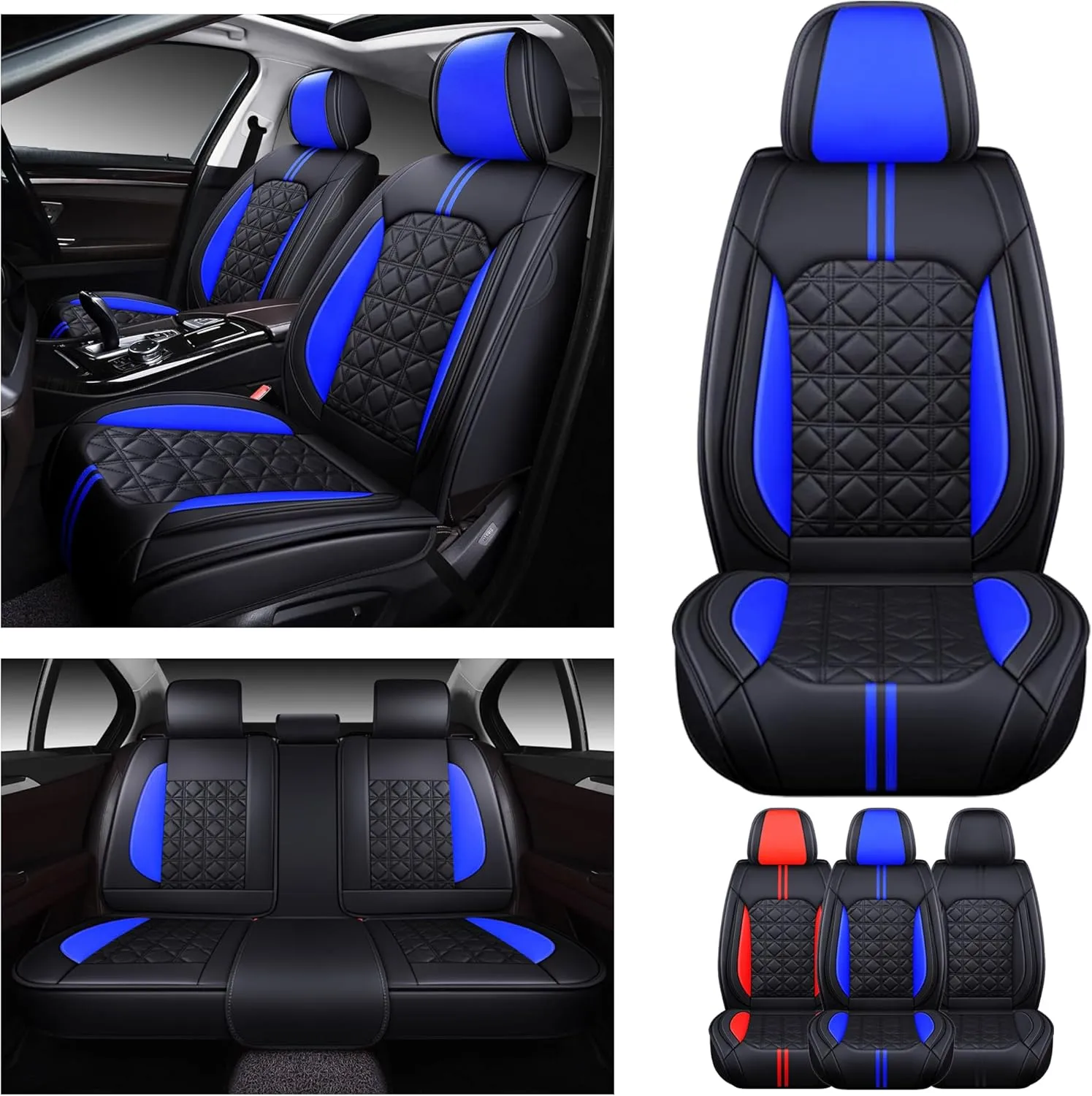 OASIS AUTO Car Seat Covers Premium Waterproof Faux Leather Cushion Universal Accessories Fit SUV Truck Sedan Automotive Vehicle Auto Interior Protector Full Set (Black&Blue)