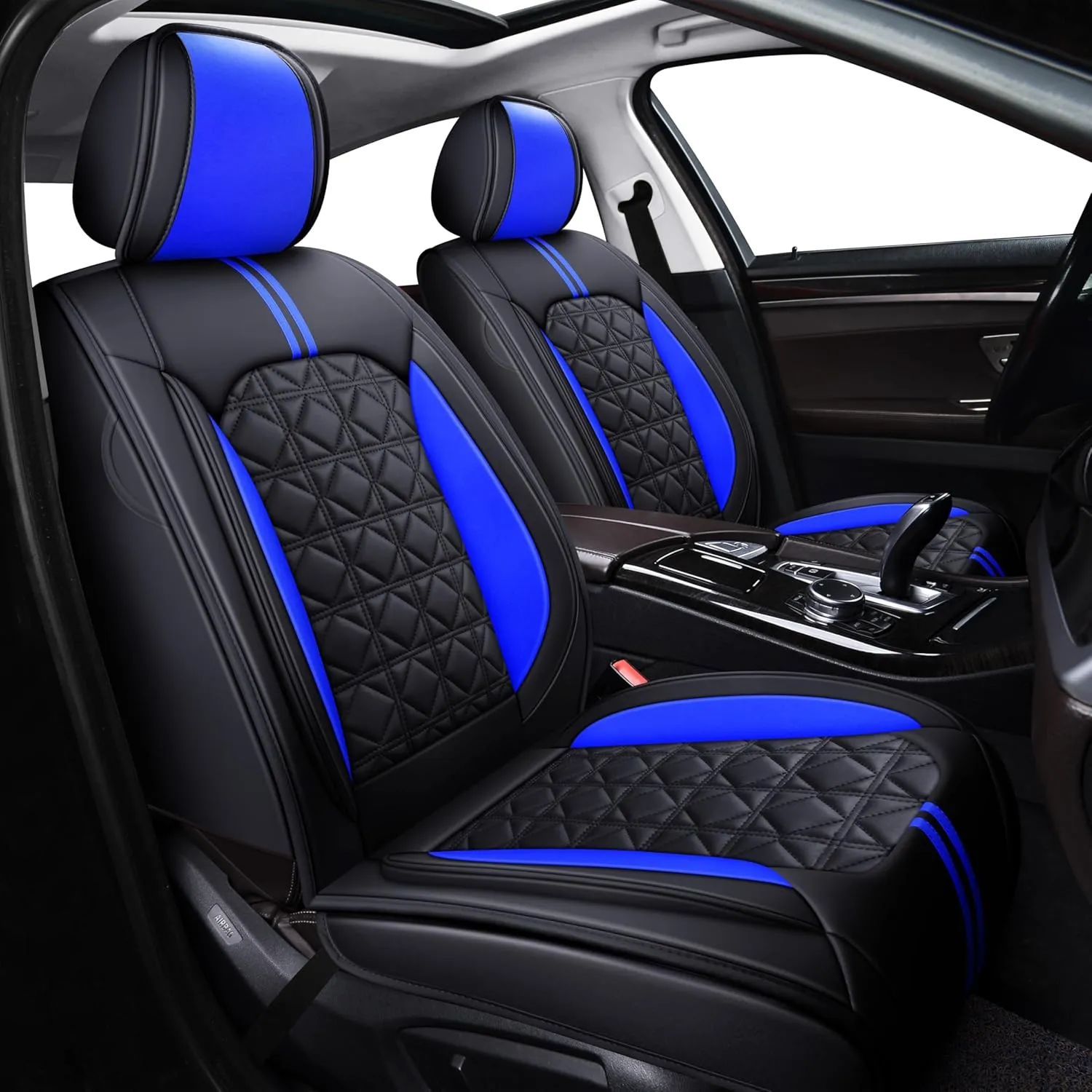OASIS AUTO Car Seat Covers Premium Waterproof Faux Leather Cushion Universal Accessories Fit SUV Truck Sedan Automotive Vehicle Auto Interior Protector Full Set (Black&Blue)