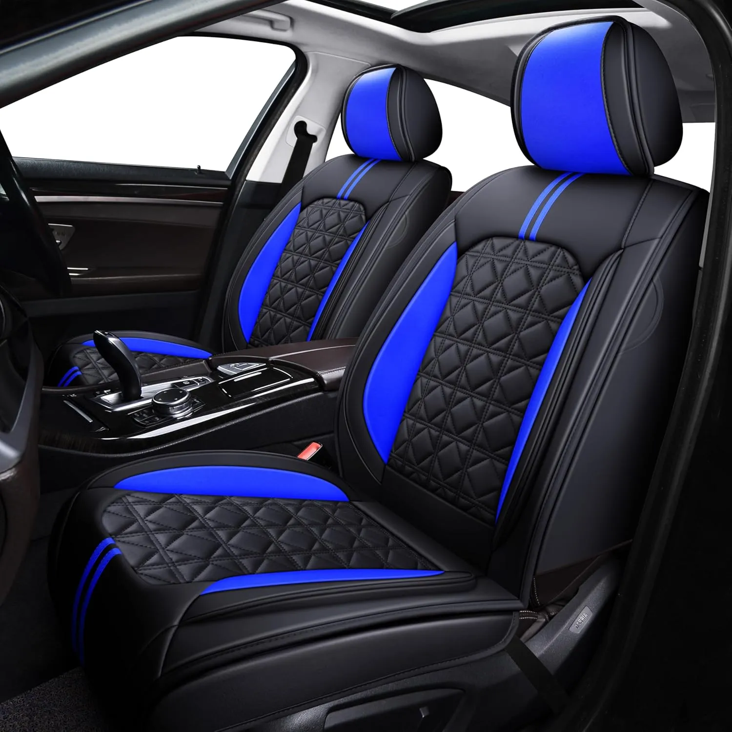 OASIS AUTO Car Seat Covers Premium Waterproof Faux Leather Cushion Universal Accessories Fit SUV Truck Sedan Automotive Vehicle Auto Interior Protector Full Set (Black&Blue)