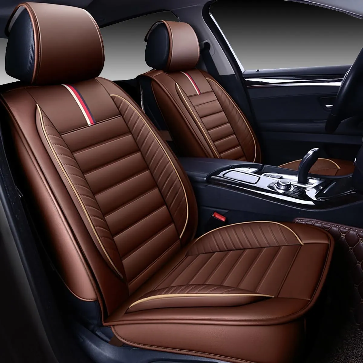 OASIS AUTO Car Seat Covers Premium Waterproof Faux Leather Cushion Universal Accessories Fit SUV Truck Sedan Automotive Vehicle Auto Interior Protector Full Set (OS-001 Brown)