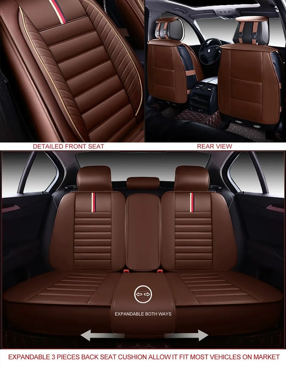 OASIS AUTO Car Seat Covers Premium Waterproof Faux Leather Cushion Universal Accessories Fit SUV Truck Sedan Automotive Vehicle Auto Interior Protector Full Set (OS-001 Brown)