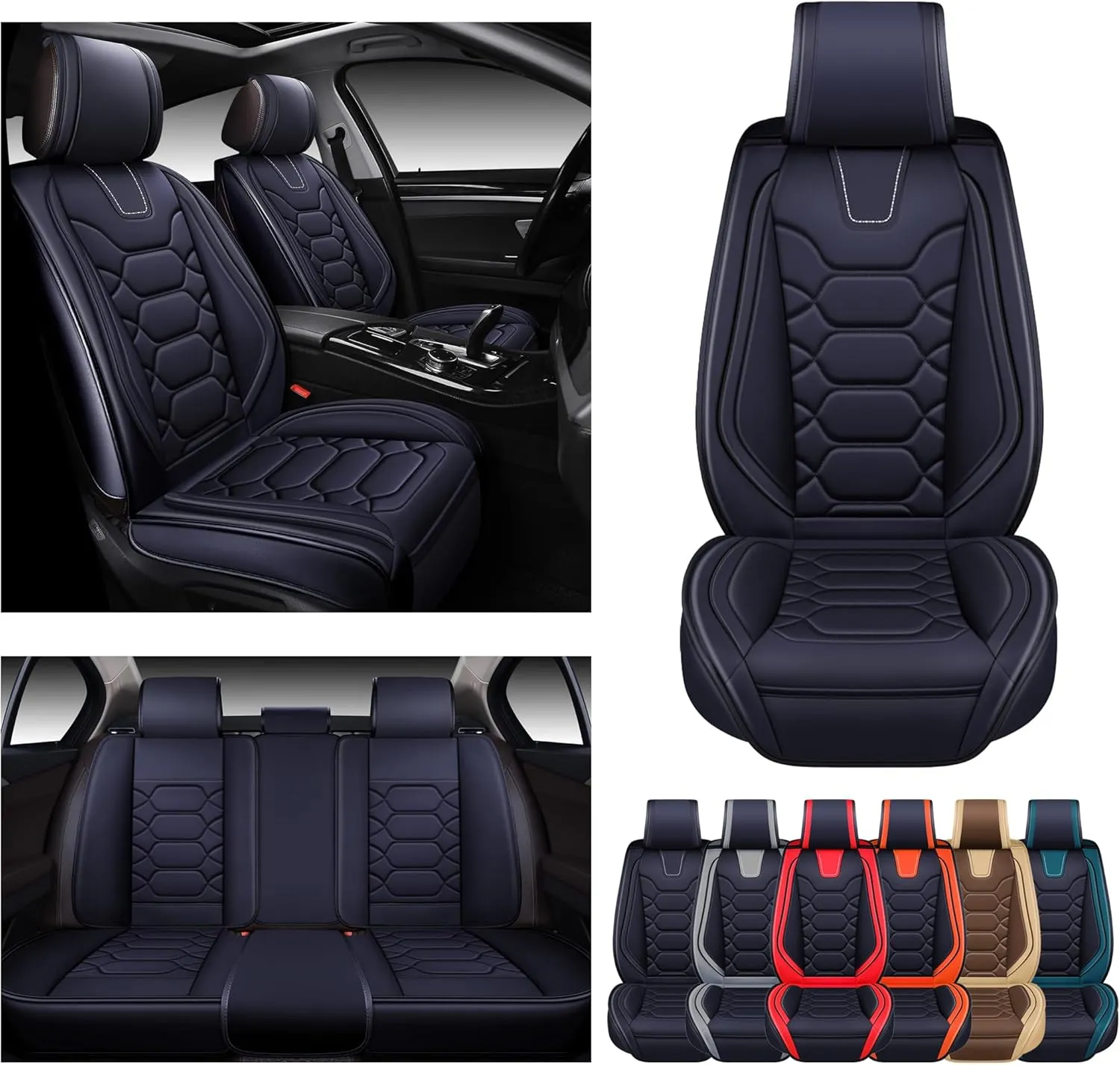 OASIS AUTO Car Seat Covers Premium Waterproof Faux Leather Cushion Universal Accessories Fit SUV Truck Sedan Automotive Vehicle Auto Interior Protector Full Set (OS-004 Black)