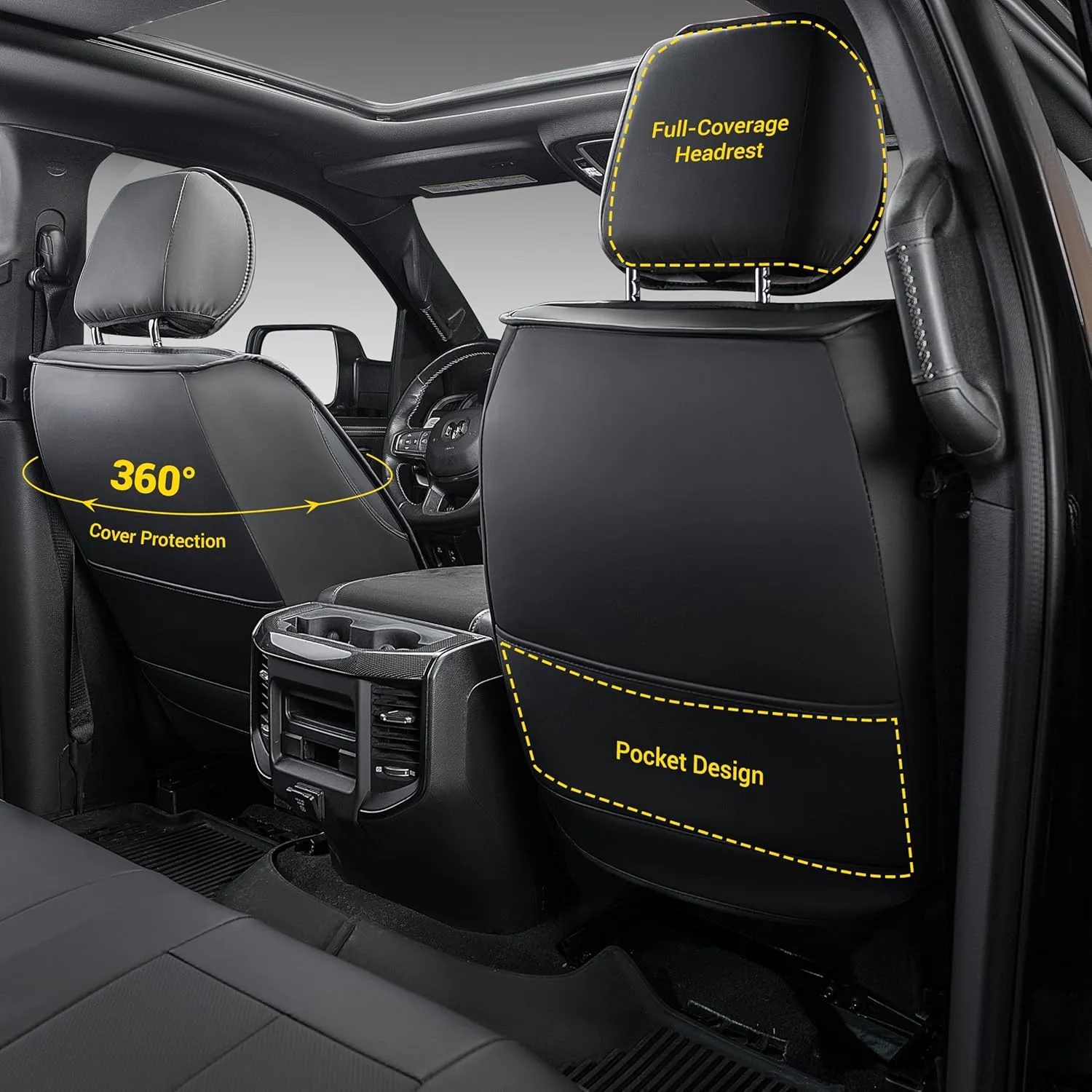 OASIS AUTO Custom Fit Seat Covers for 2019-2025 Ram 1500 with Curved Rear Seat, Waterproof Faux Leather Seat Protector (Full Set, Black)