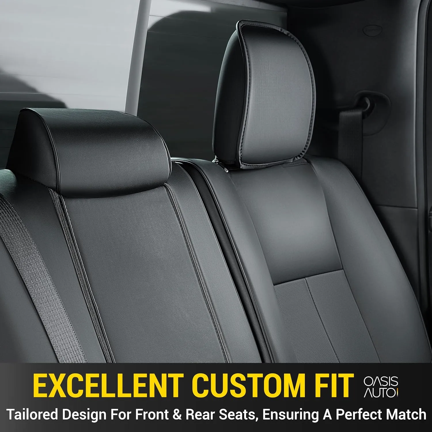 OASIS AUTO Custom Fit Seat Covers for 2019-2025 Ram 1500 with Curved Rear Seat, Waterproof Faux Leather Seat Protector (Full Set, Black)