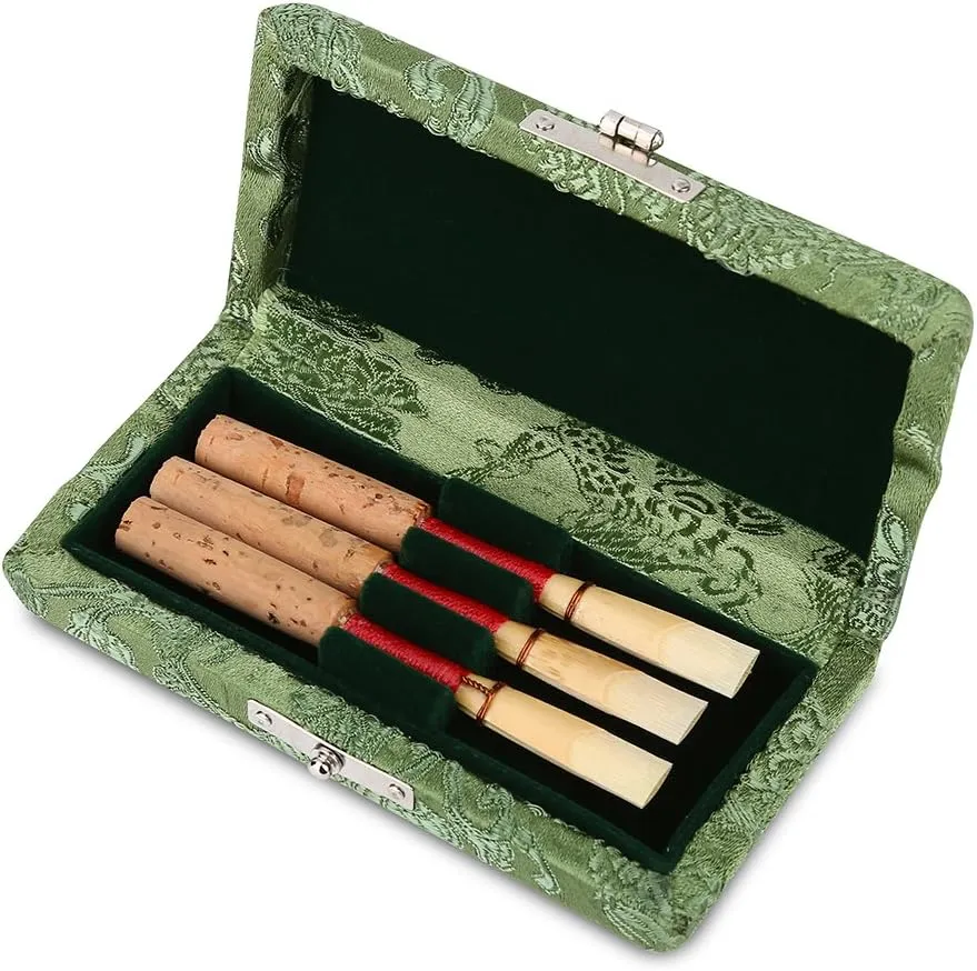 Oboe Reed Case, Wooden & Silk Cloth Cover Oboe Reed Storage Holder Box Protector Bag for 3pcs Oboe Reeds
