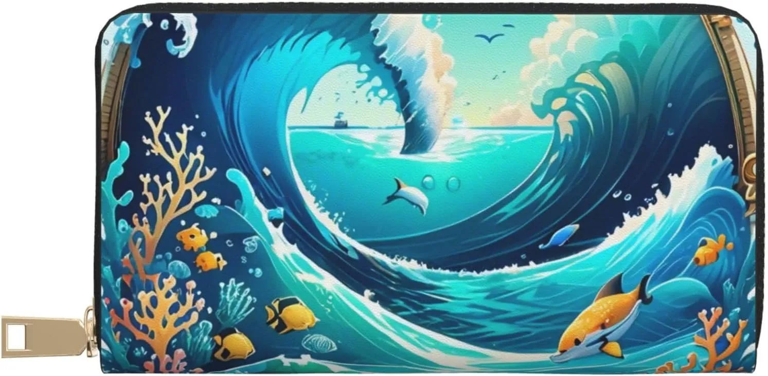 Oceanic Harmony Print Wallet with Zipper,Women's Large Capacity Clutch Purse,Cute Imitation Leather Wallet