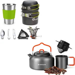 Odoland Bundle - 2 Items 9pcs Camping Cookware Kit and Coffee Pot With Mug and Filter