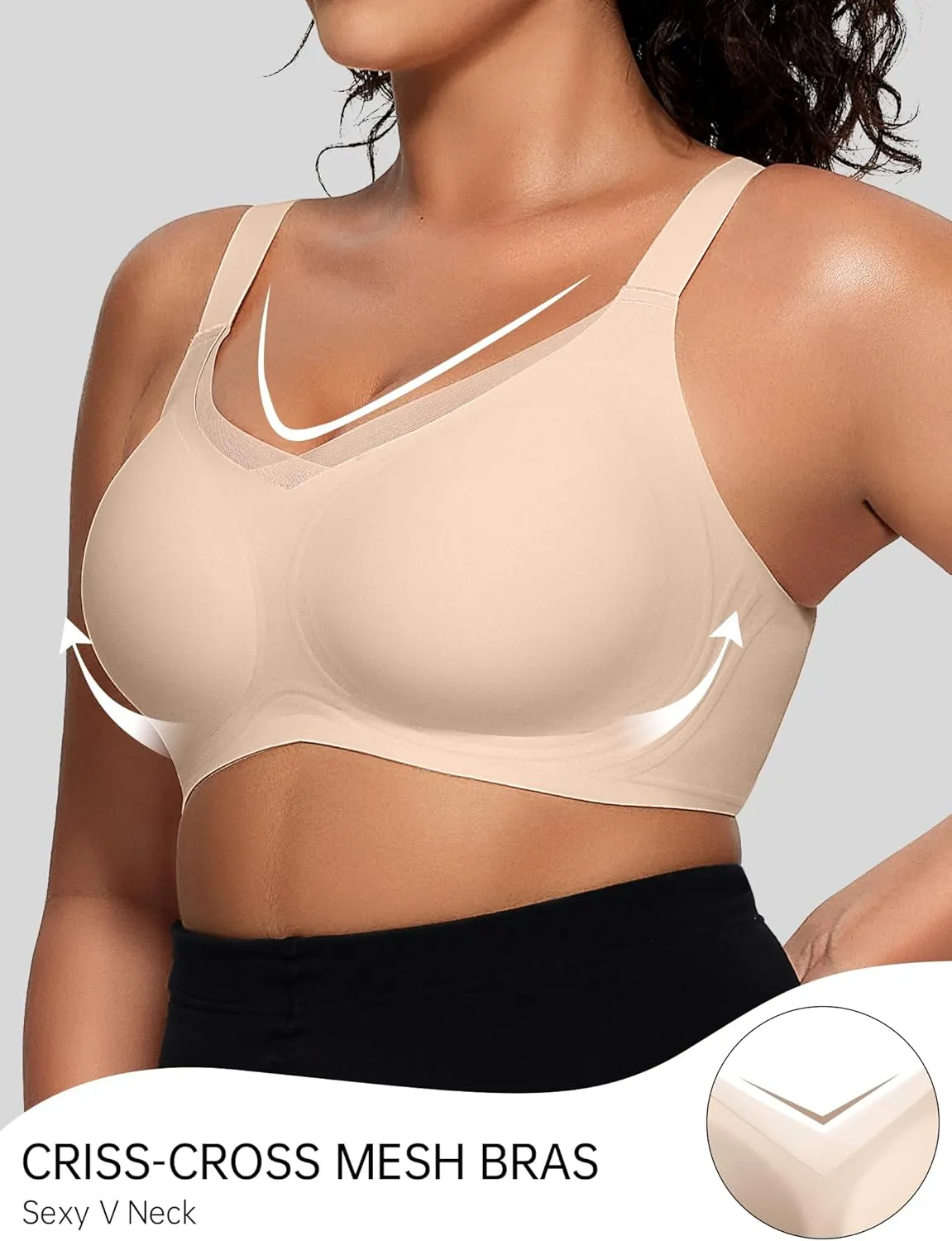 OEAK Womens Wireless Bras V Mesh Comfortable Bralette Supportive Tshirt Bra No Underwire Seamless Push Up Everyday Bras
