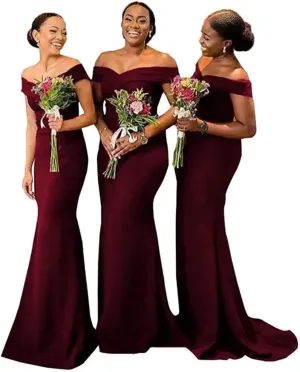 Off Shoulder Mermaid Bridesmaid Dresses for Wedding Satin Formal Evening Gowns Bodycon Prom Dress with Train